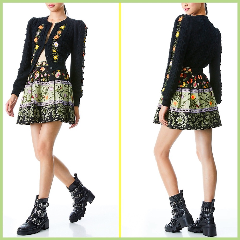 Alice + Olivia Kitty Floral Puff Sleeve Wool Blend Black Cardigan Sweater - Picture 15 of 16